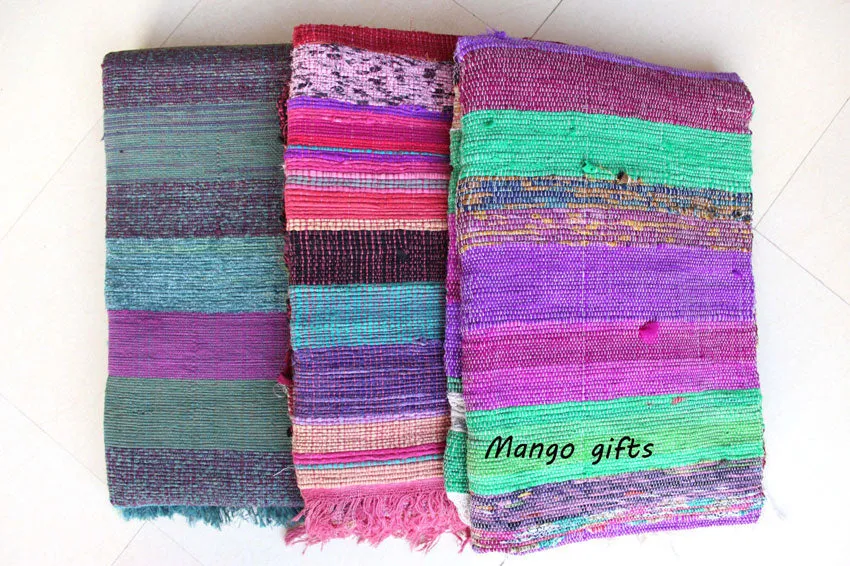 100% Recycled Fabric Rag Rug Chindi Durrie Area Rugs Hand Loomed Striped Floor Mat