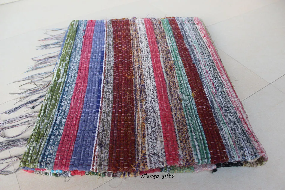 100% Recycled Fabric Rag Rug Chindi Durrie Area Rugs Hand Loomed Striped Floor Mat