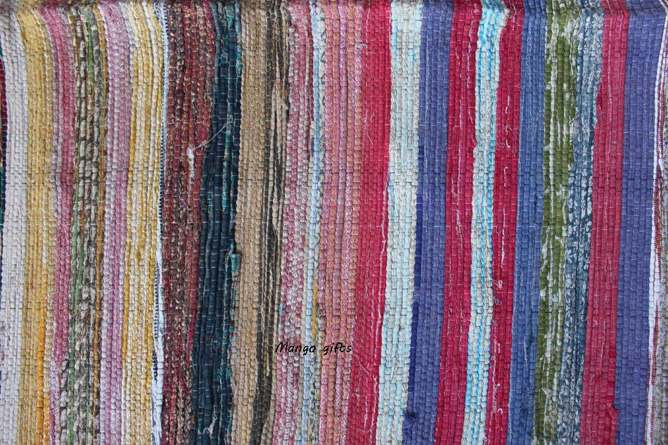 100% Recycled Fabric Rag Rug Chindi Durrie Area Rugs Hand Loomed Striped Floor Mat