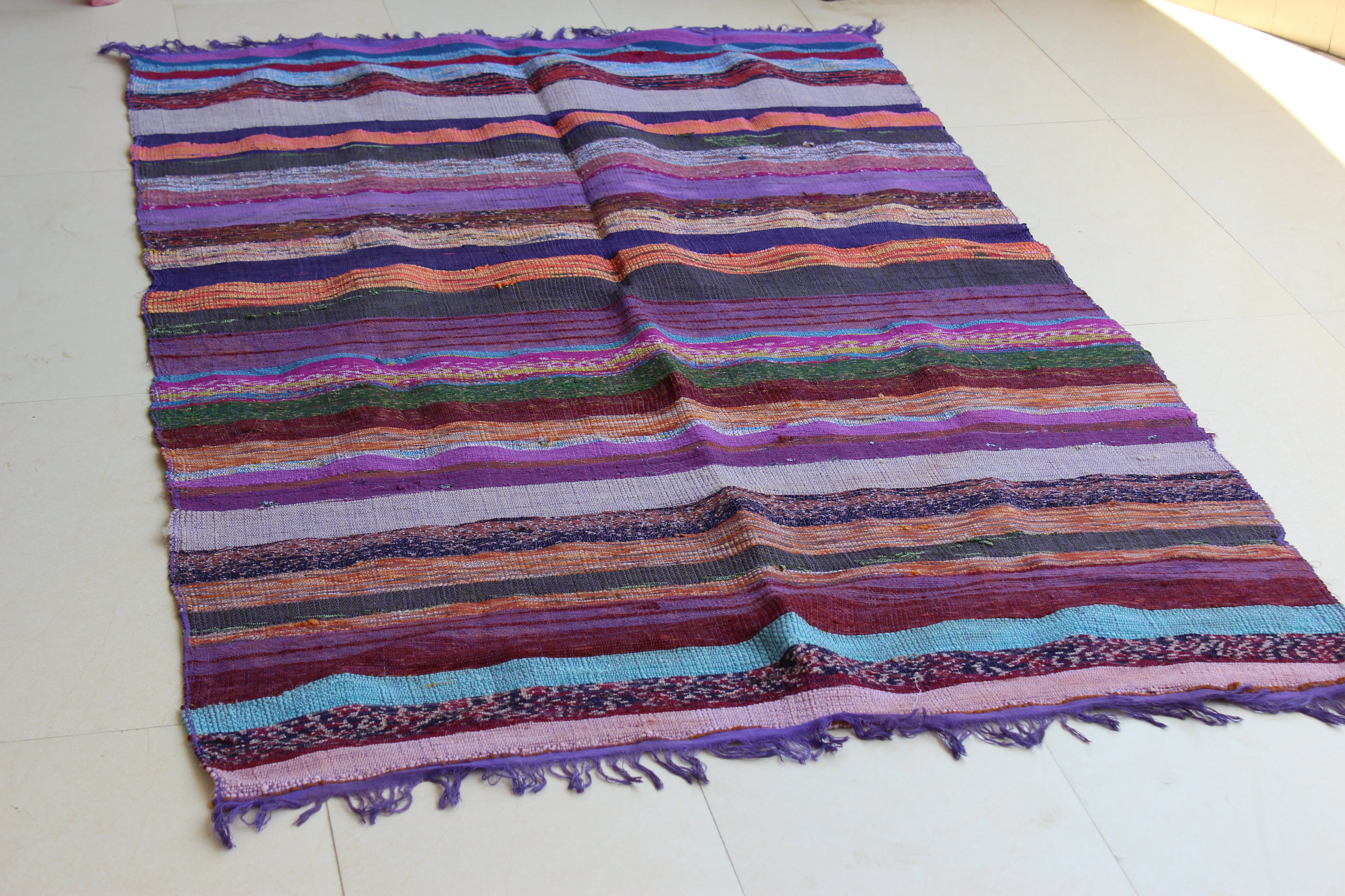 100% Recycled Fabric Rag Rug Chindi Durrie Area Rugs Hand Loomed Striped Floor Mat