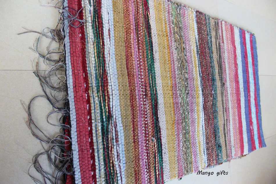 100% Recycled Fabric Rag Rug Chindi Durrie Area Rugs Hand Loomed Striped Floor Mat