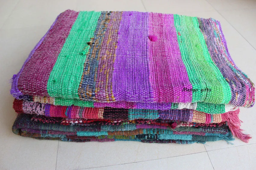 100% Recycled Fabric Rag Rug Chindi Durrie Area Rugs Hand Loomed Striped Floor Mat