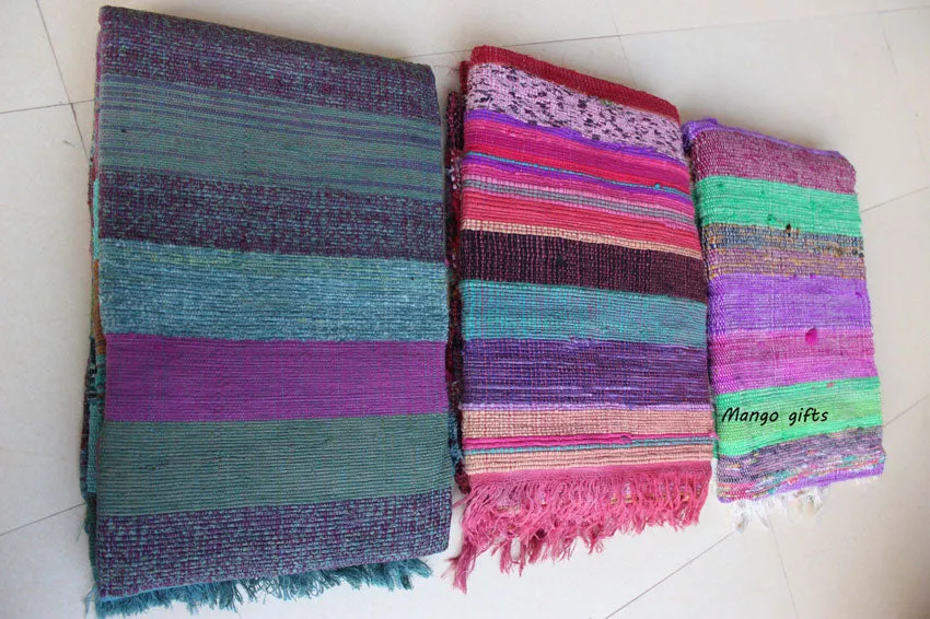 100% Recycled Fabric Rag Rug Chindi Durrie Area Rugs Hand Loomed Striped Floor Mat