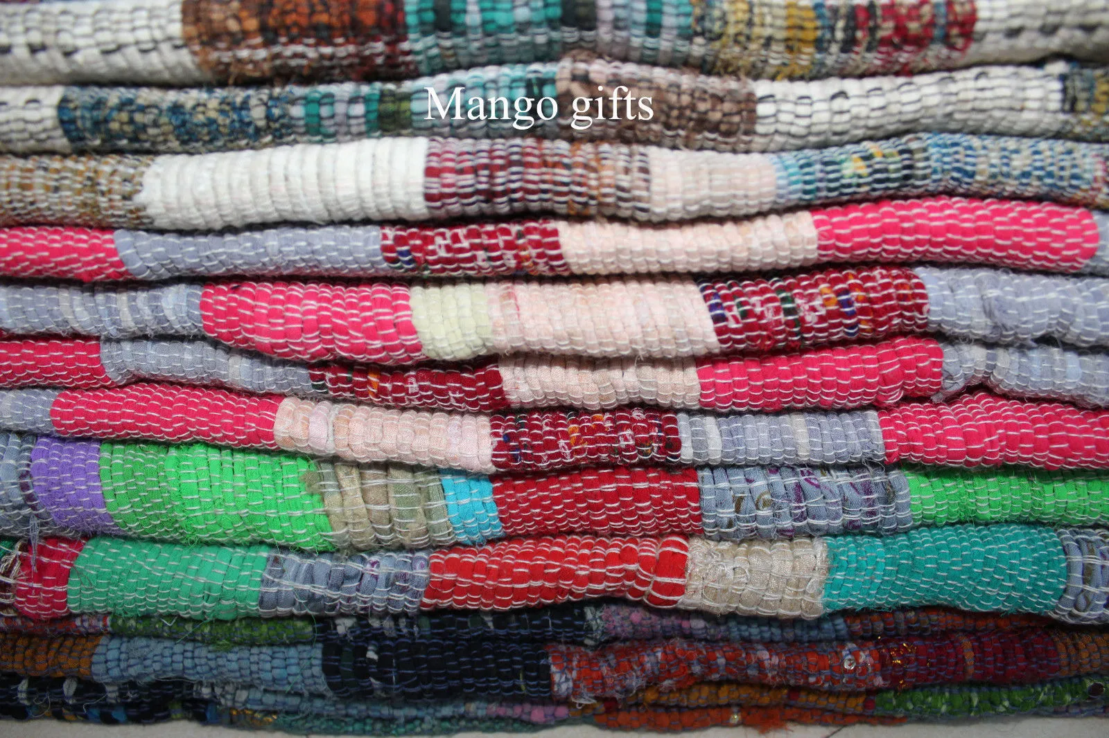 100% Recycled Fabric Rag Rug Chindi Durrie Area Rugs Hand Loomed Striped Floor Mat