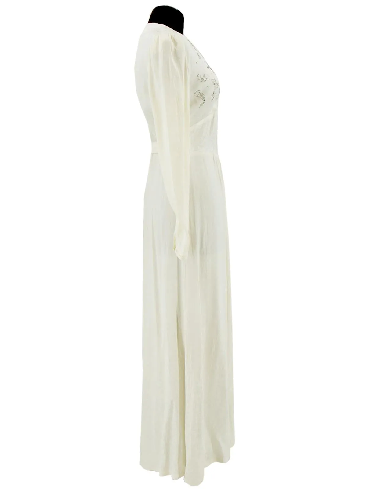 1940s Vintage Ivory Damask Silk Maxi Dress