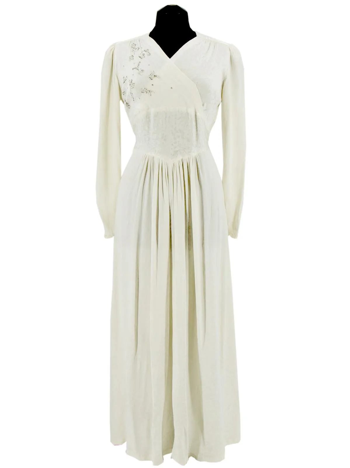 1940s Vintage Ivory Damask Silk Maxi Dress