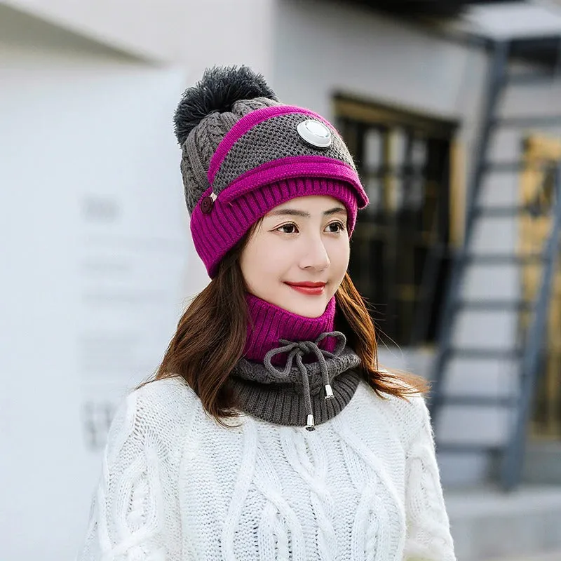 3 Pcs/set With Breathing Mask 2in1 Knitted Pompoms Fur Lined Protective Knitted Woolen Warm Winter Cap