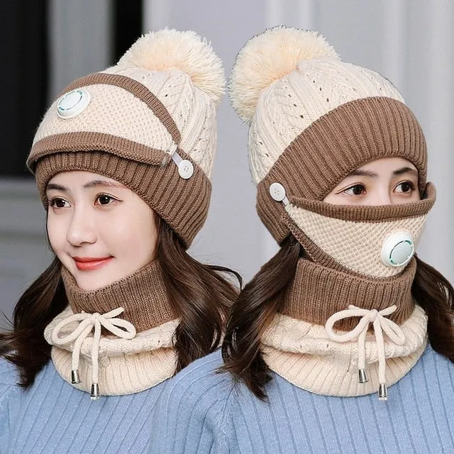 3 Pcs/set With Breathing Mask 2in1 Knitted Pompoms Fur Lined Protective Knitted Woolen Warm Winter Cap