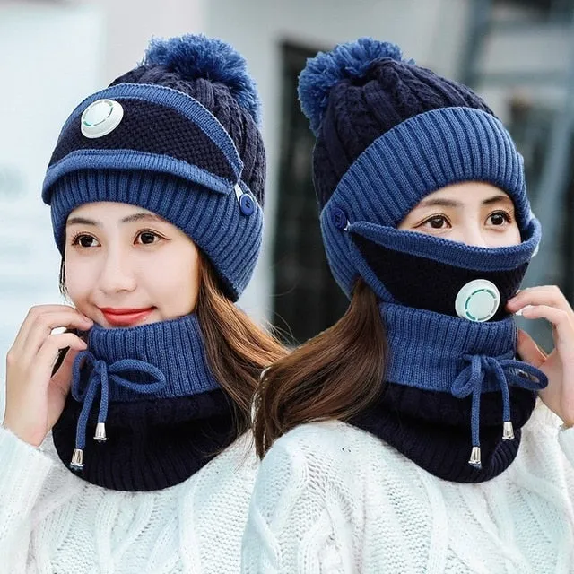 3 Pcs/set With Breathing Mask 2in1 Knitted Pompoms Fur Lined Protective Knitted Woolen Warm Winter Cap