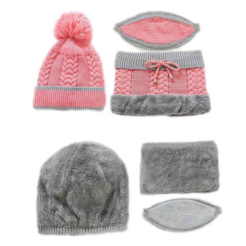 3 Pcs/set With Breathing Mask 2in1 Knitted Pompoms Fur Lined Protective Knitted Woolen Warm Winter Cap