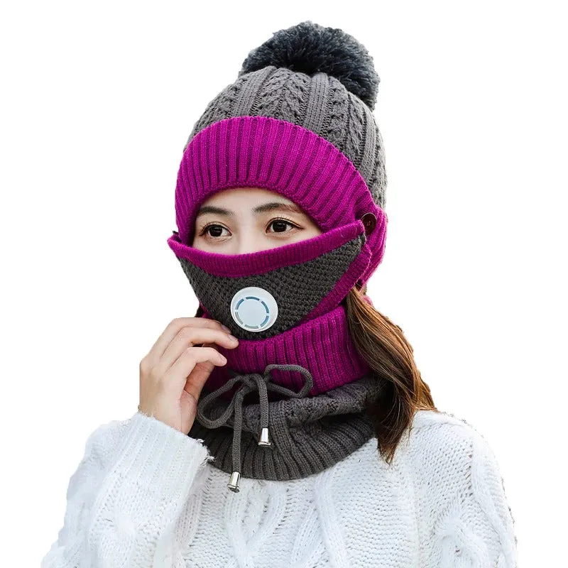 3 Pcs/set With Breathing Mask 2in1 Knitted Pompoms Fur Lined Protective Knitted Woolen Warm Winter Cap