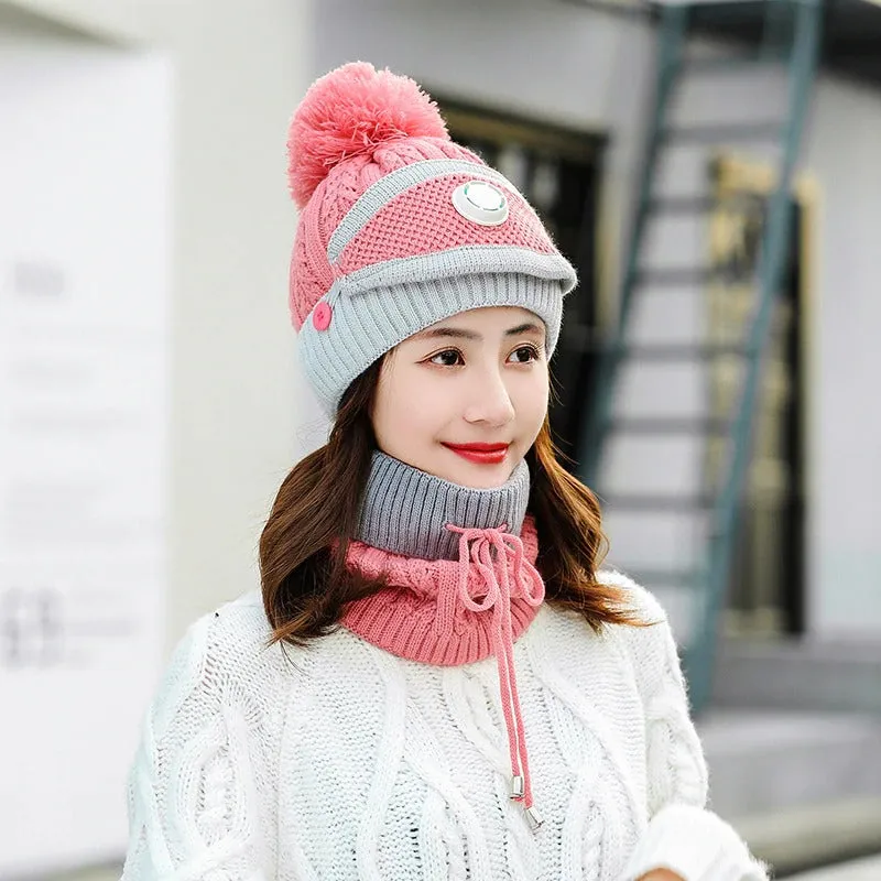 3 Pcs/set With Breathing Mask 2in1 Knitted Pompoms Fur Lined Protective Knitted Woolen Warm Winter Cap