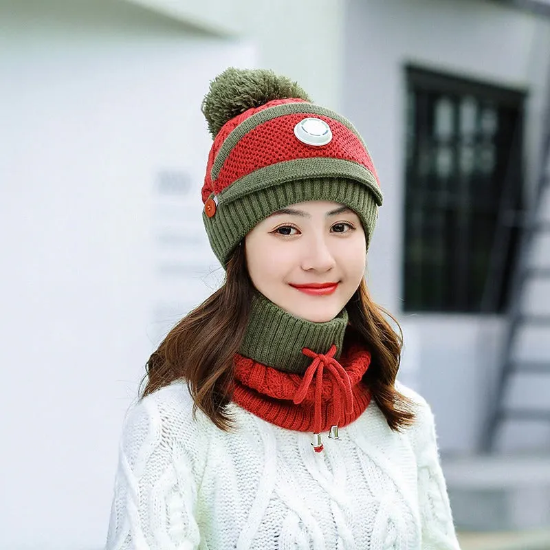 3 Pcs/set With Breathing Mask 2in1 Knitted Pompoms Fur Lined Protective Knitted Woolen Warm Winter Cap