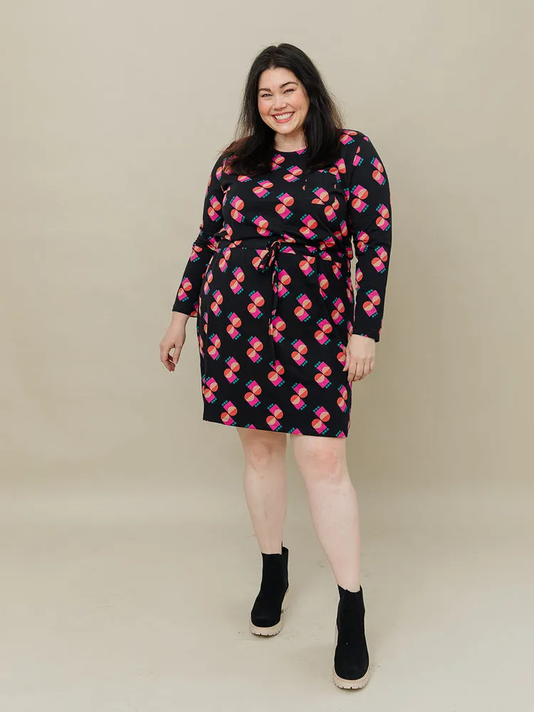 Abby Long Sleeve Plus Size Dress - Memphis Shapes Black