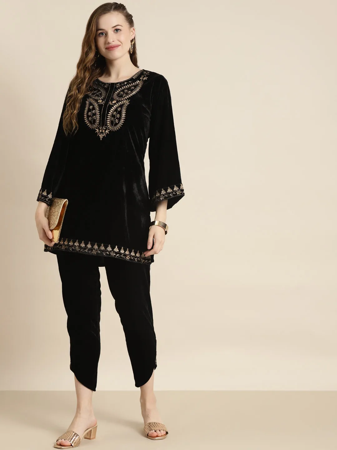 Black Velvet Zari Embroidered Short Kurta