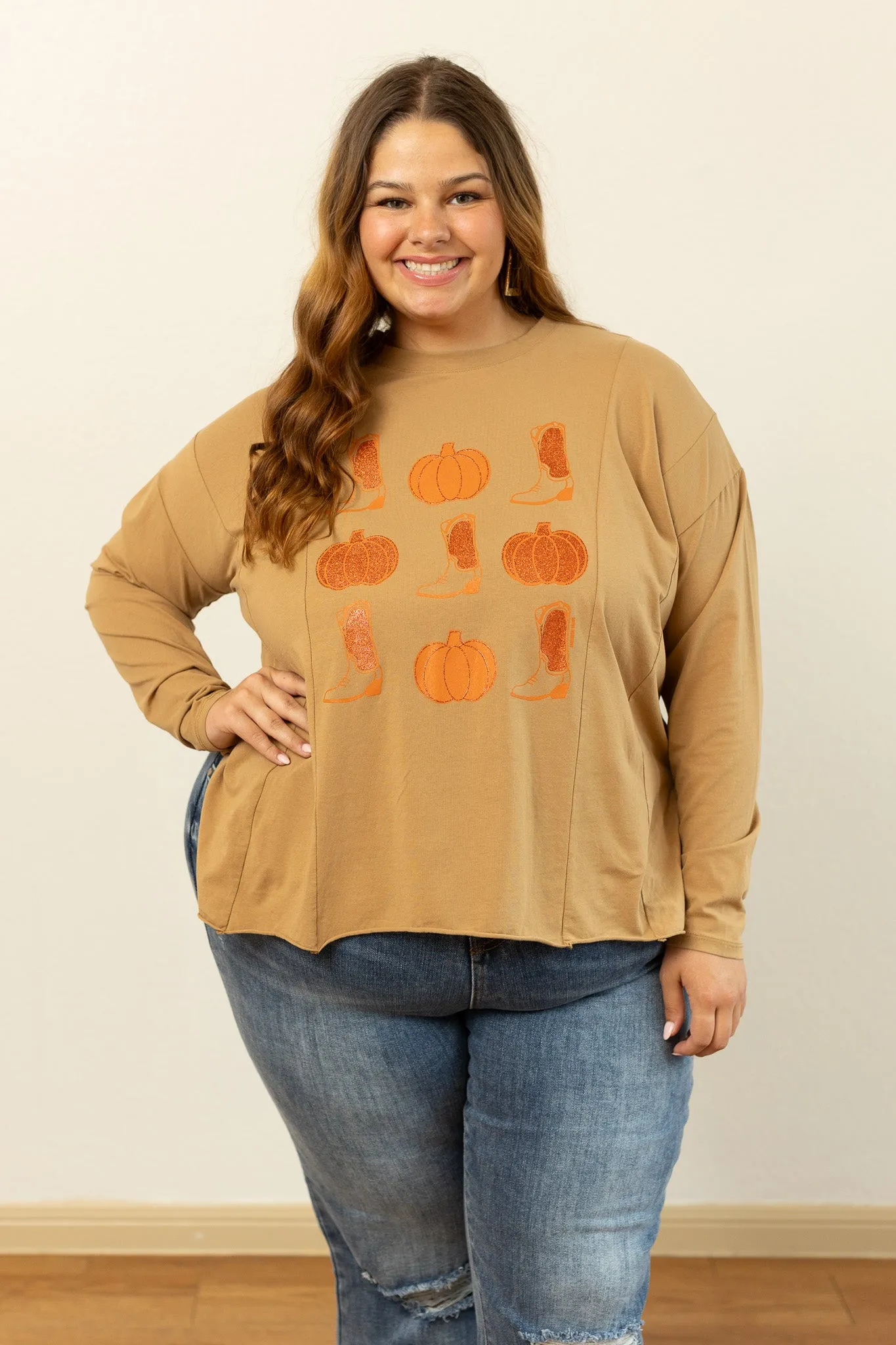 Boots and Pumpkins on Tan Long-sleeved T-shirts With Side Stitching