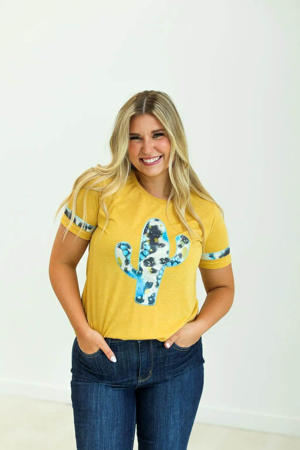 Cactus and Turquoise on Mustard Tee with Cowprint