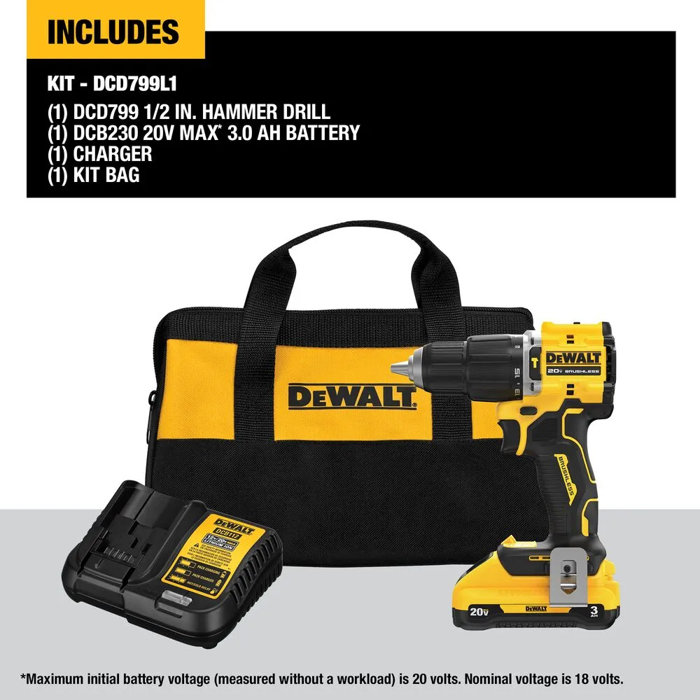 DeWALT DCD799L1 20V ATOMIC MAX 1/2" Brushless Cordless Hammer Drill Kit