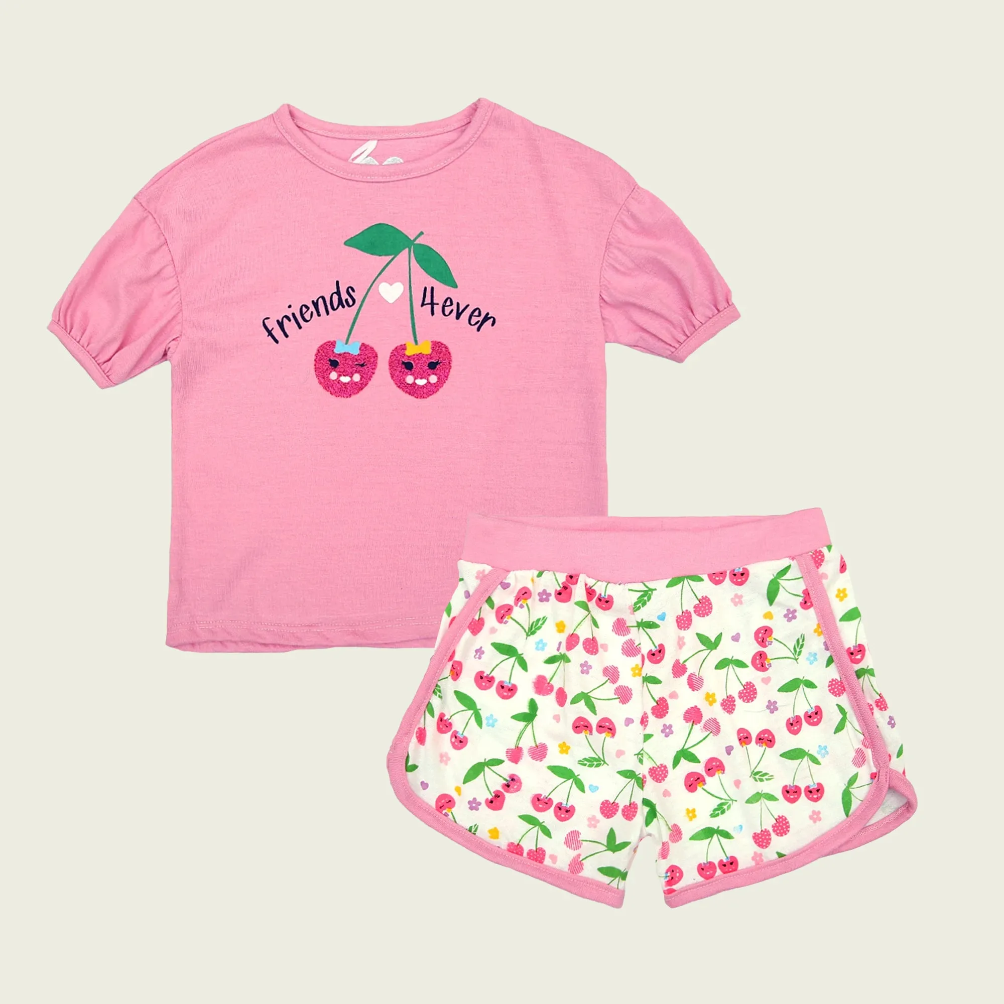 FS - Kids 'Pink' Cherry Graphic Premium Quality Soft Cotton 2PC Suit FS412