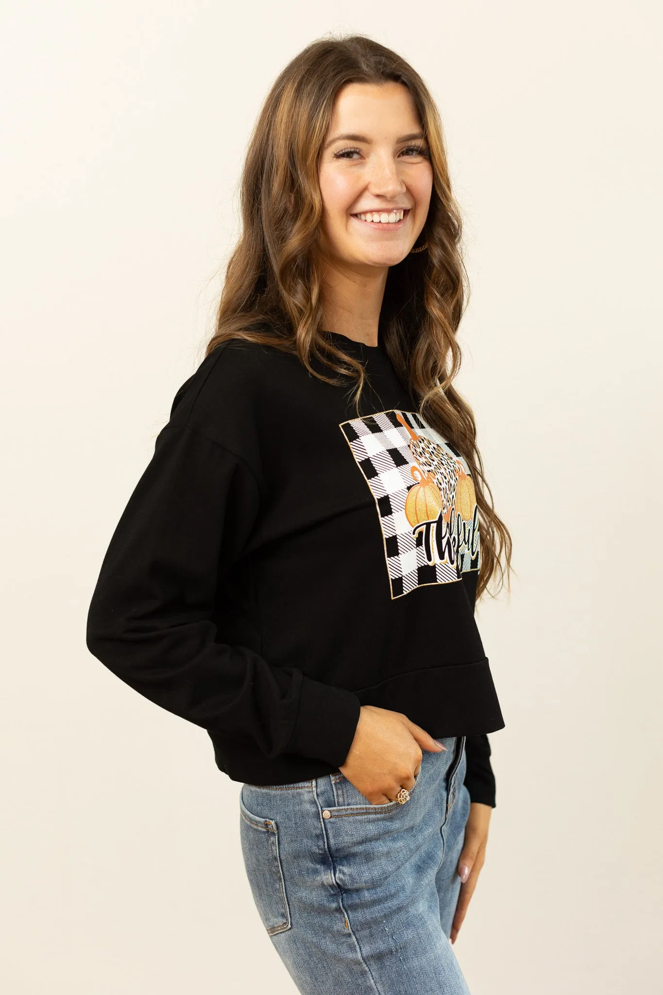 Gingham Thankful on Black Crop Sweatshirt