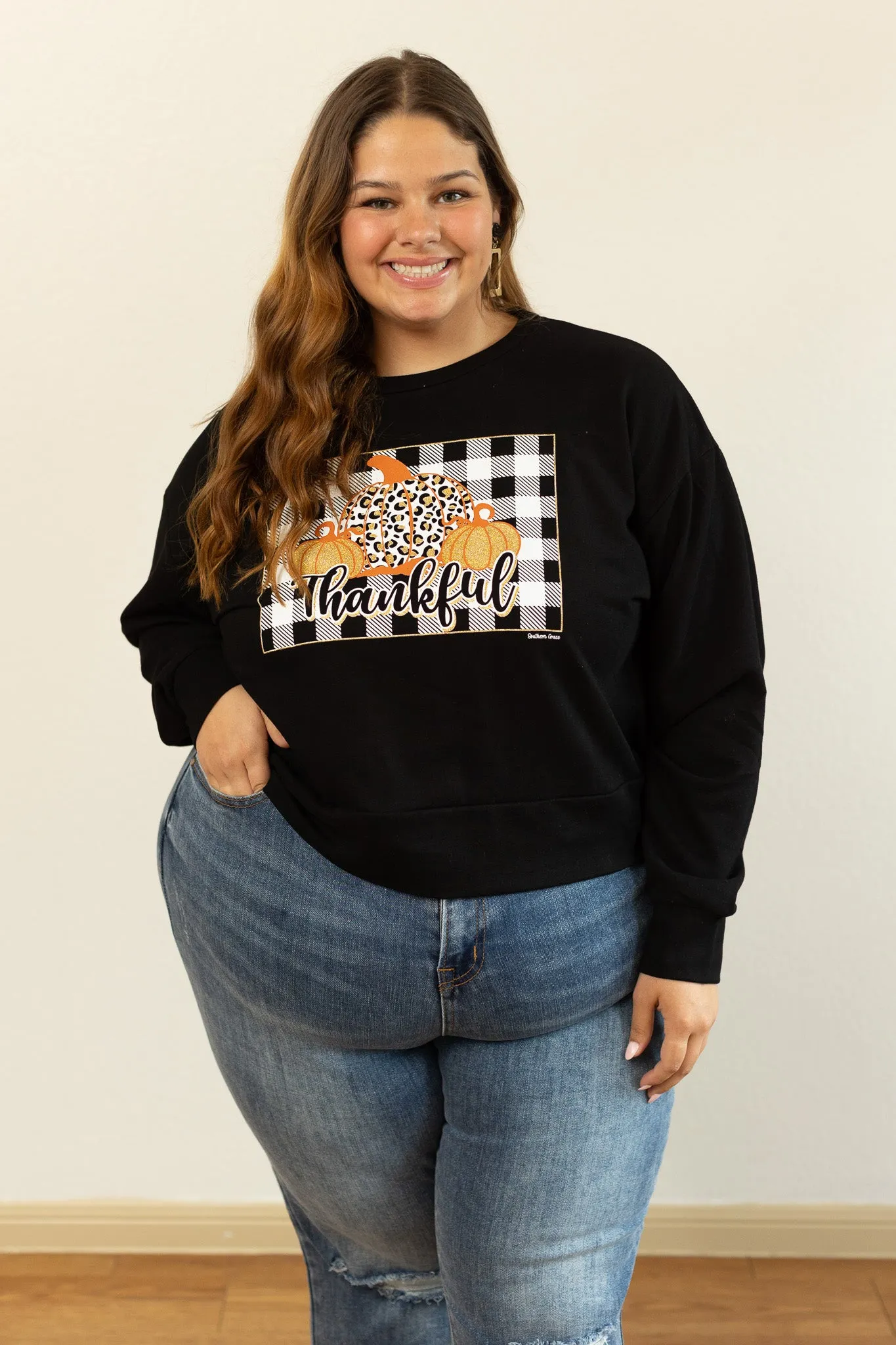 Gingham Thankful on Black Crop Sweatshirt