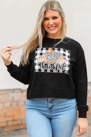 Gingham Thankful on Black Crop Sweatshirt