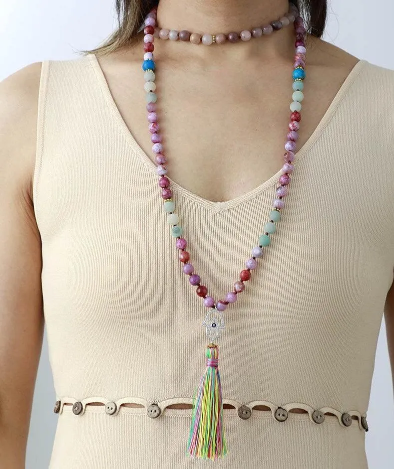 'Hamsa' Agate, Jasper & Amazonite 108 Mala Beads Necklace