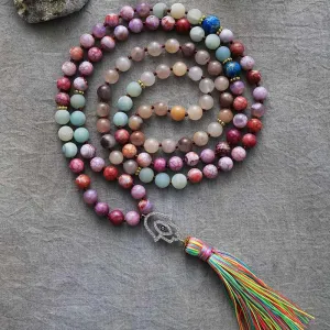 'Hamsa' Agate, Jasper & Amazonite 108 Mala Beads Necklace