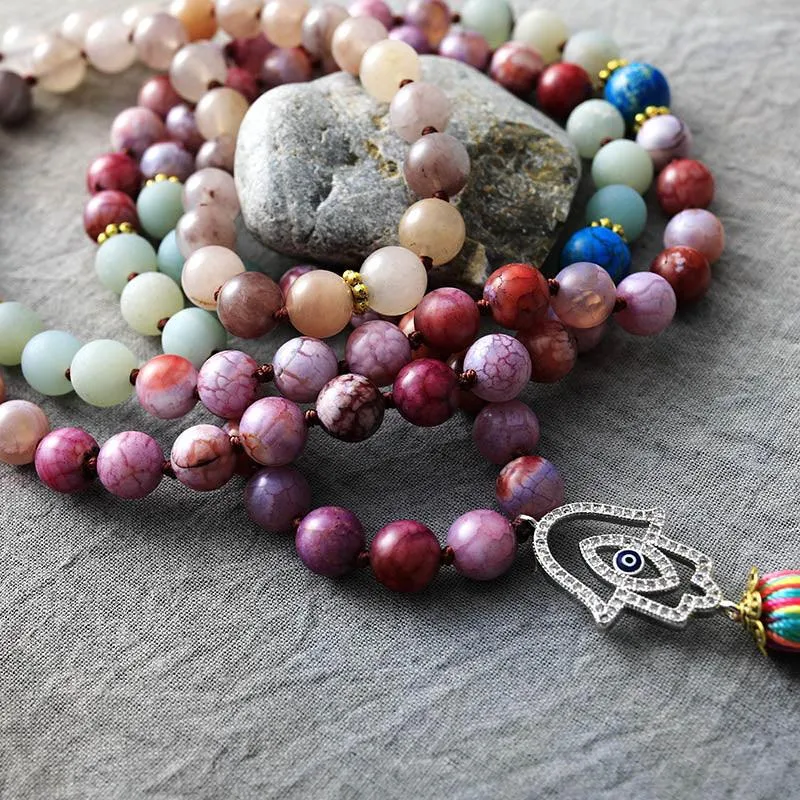 'Hamsa' Agate, Jasper & Amazonite 108 Mala Beads Necklace