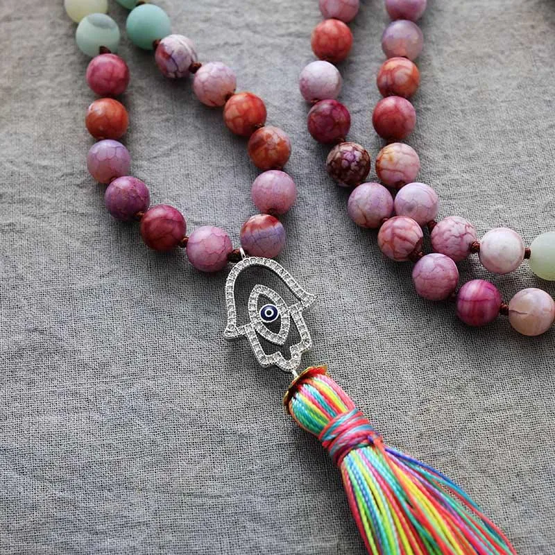 'Hamsa' Agate, Jasper & Amazonite 108 Mala Beads Necklace