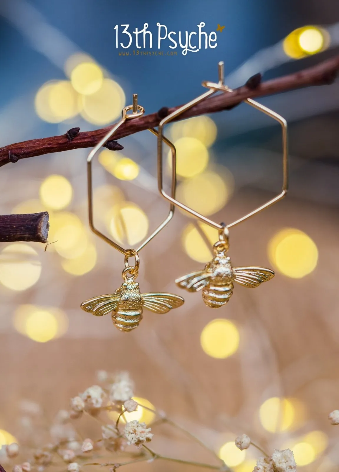 Hexagon hoop earrings with bee charms