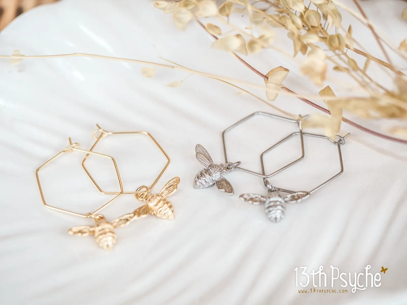 Hexagon hoop earrings with bee charms