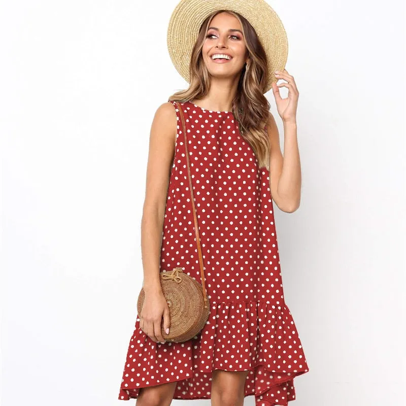 Polka Dot Sleeveless Sundress Knee Length Polyester 10 Colors 3 Sizes