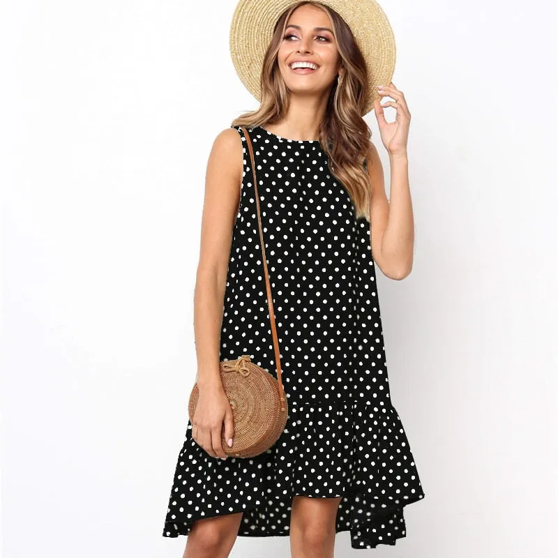 Polka Dot Sleeveless Sundress Knee Length Polyester 10 Colors 3 Sizes