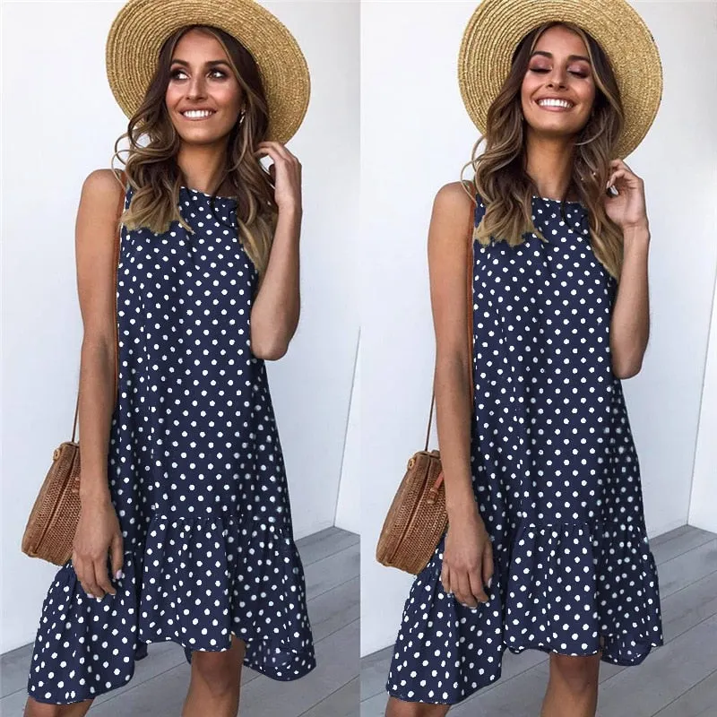 Polka Dot Sleeveless Sundress Knee Length Polyester 10 Colors 3 Sizes