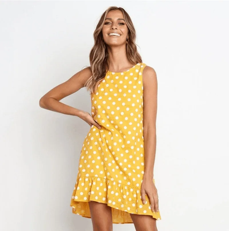 Polka Dot Sleeveless Sundress Knee Length Polyester 10 Colors 3 Sizes