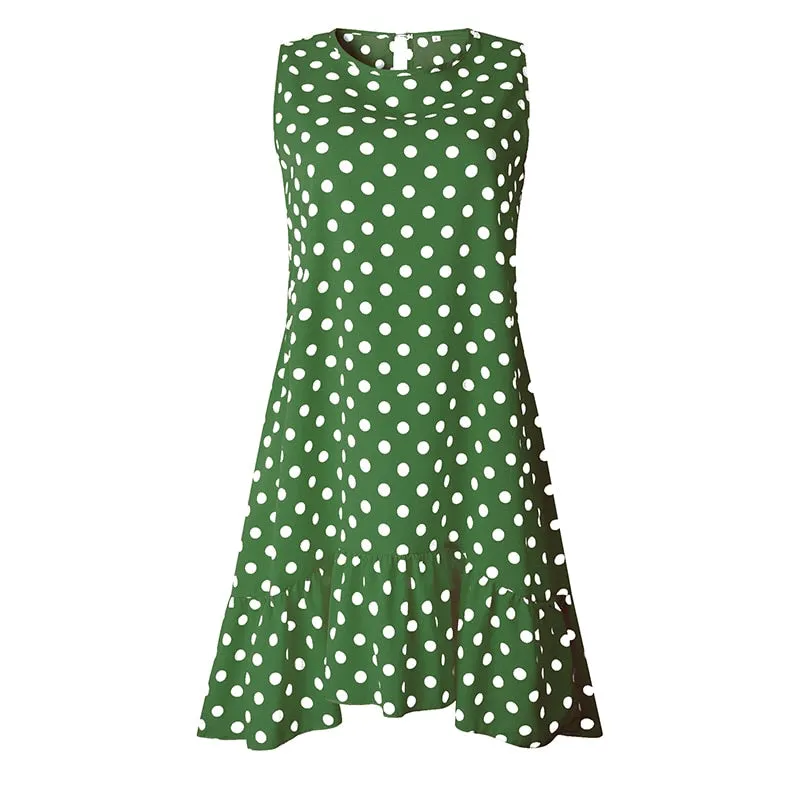 Polka Dot Sleeveless Sundress Knee Length Polyester 10 Colors 3 Sizes