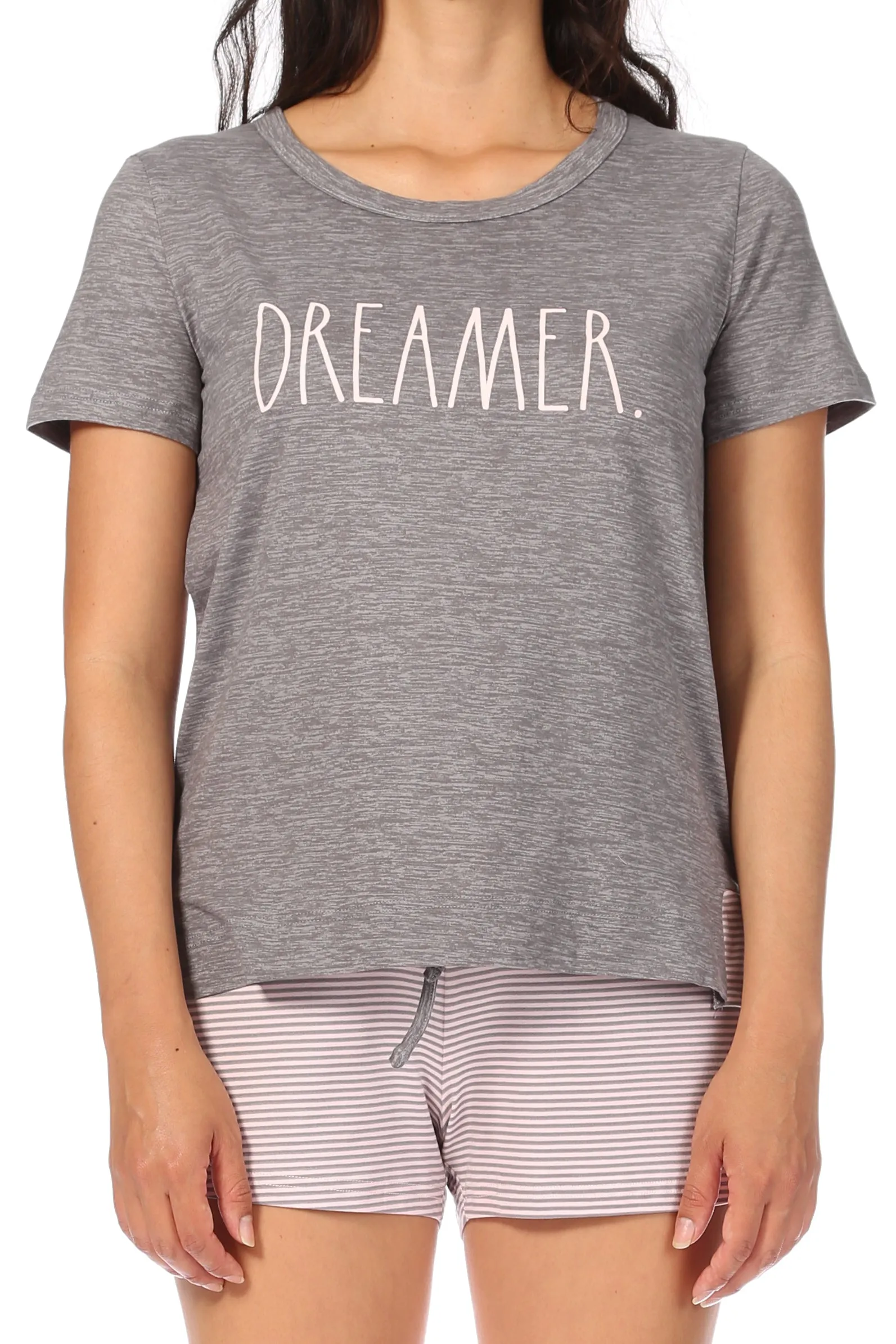 Women's "DREAMER" Short Sleeve Side Slit Tee and Drawstring Shorts Pajama Set